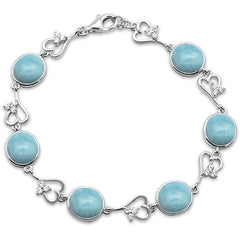 Sterling Silver Oval Natural Larimar Heart Shape Cubic Zirconia Bracelet