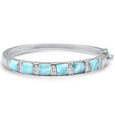 Sterling Silver Natural Larimar And Cubic Zirconia Bangle Bracelet