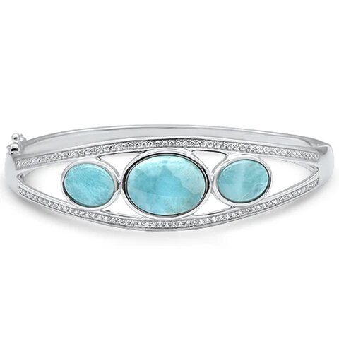 Sterling Silver Oval Natural Larimar And Cubic Zirconia Bracelet