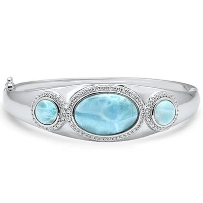 Sterling Silver Natural Larimar And Cubic Zirconia Bangle Bracelet