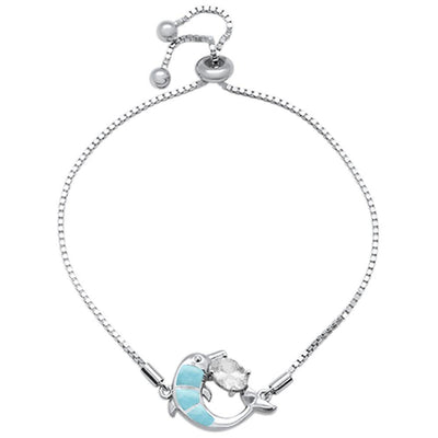 Sterling Silver Natural Larimar Dolphin and Oval CZ Adjustable Toggle Bola Bracelet - silverdepot