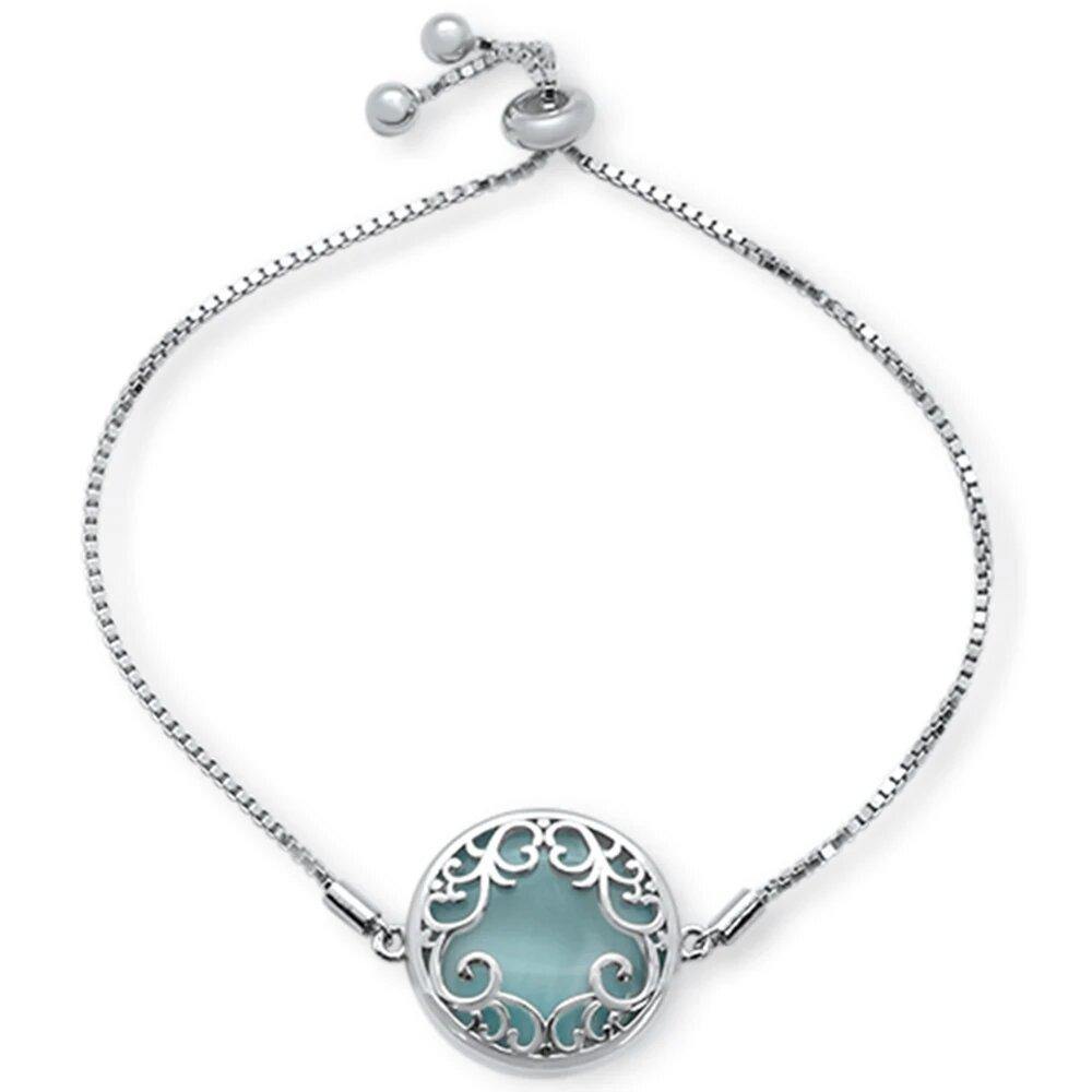 Sterling Silver Round Natural Larimar Celtic Design Adjustable Toggle Bola Bracelet - silverdepot