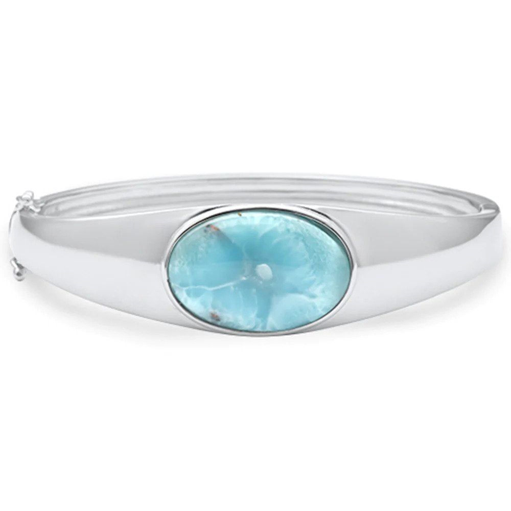 Sterling Silver Oval Shaped Natural Larimar Bangle Bracelet