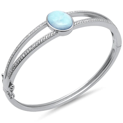 Sterling Silver Oval Natural Larimar And CZ Bangle Bracelet