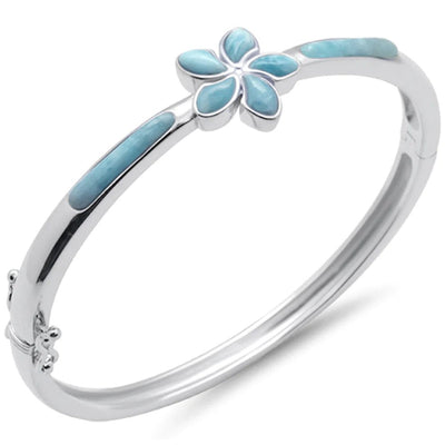 Sterling Silver Natural Larimar Flower Bangle Bracelet