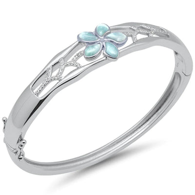 Sterling Silver Leaf And Flower Natural Larimar And CZ Bangle Bracelet