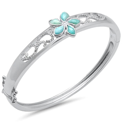 Sterling Silver Plumeria Natural Larimar And CZ Bangle Bracelet