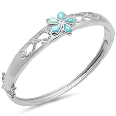 Sterling Silver Plumeria Natural Larimar And CZ Bangle Bracelet