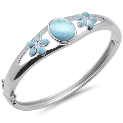 Sterling Silver Oval Natural Larimar And Flower Bangle Bracelet