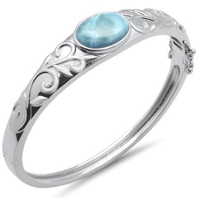 Sterling Silver Oval Natural Larimar And CZ Flower Engraved Bangle Bracelet