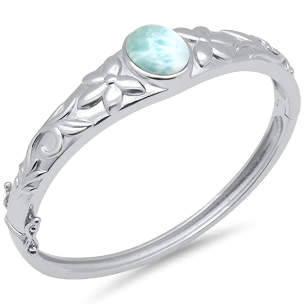 Sterling Silver Oval Natural Larimar Flower Engraved Bangle Bracelet