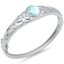 Load image into Gallery viewer, Sterling Silver Oval Natural Larimar Flower Engraved Bangle Bracelet