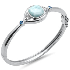 Sterling Silver Cushion Shaped Natural Larimar Blue Topaz And CZ Bangle Bracelet