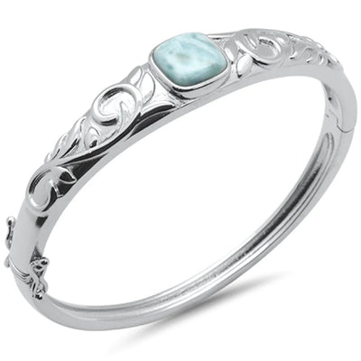 Sterling Silver Natural Larimar Flower Engraved Bangle Bracelet