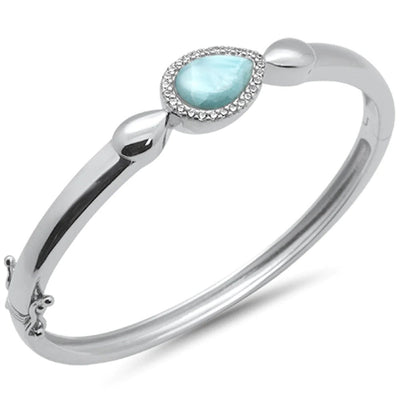 Sterling Silver Pear Shaped Natural Larimar And CZ Bangle Bracelet