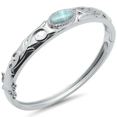 Sterling Silver Natural Larimar And CZ Flower Engraved Bangle Bracelet