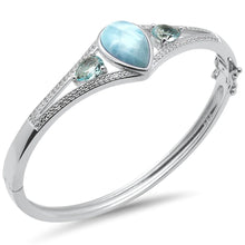 Load image into Gallery viewer, Sterling Silver Pear Shaped Natural Larimar Aquamarine And CZ Bangle Bracelet