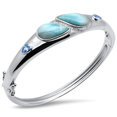 Sterling Silver Pear Shaped Natural Larimar Blue Topaz And CZ Bangle Bracelet