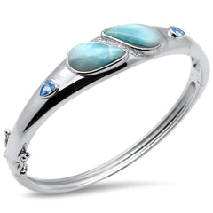 Sterling Silver Pear Shaped Natural Larimar Blue Topaz And CZ Bangle Bracelet