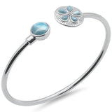 Sterling Silver Round Shaped And Sand Dollar Plumeria Natural Larimar And CZ Cuff Bracelet