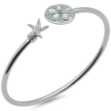 Load image into Gallery viewer, Sterling Silver Starfish And Sand Dollar Plumeria Natural Larimar And CZ Cuff Bracelet