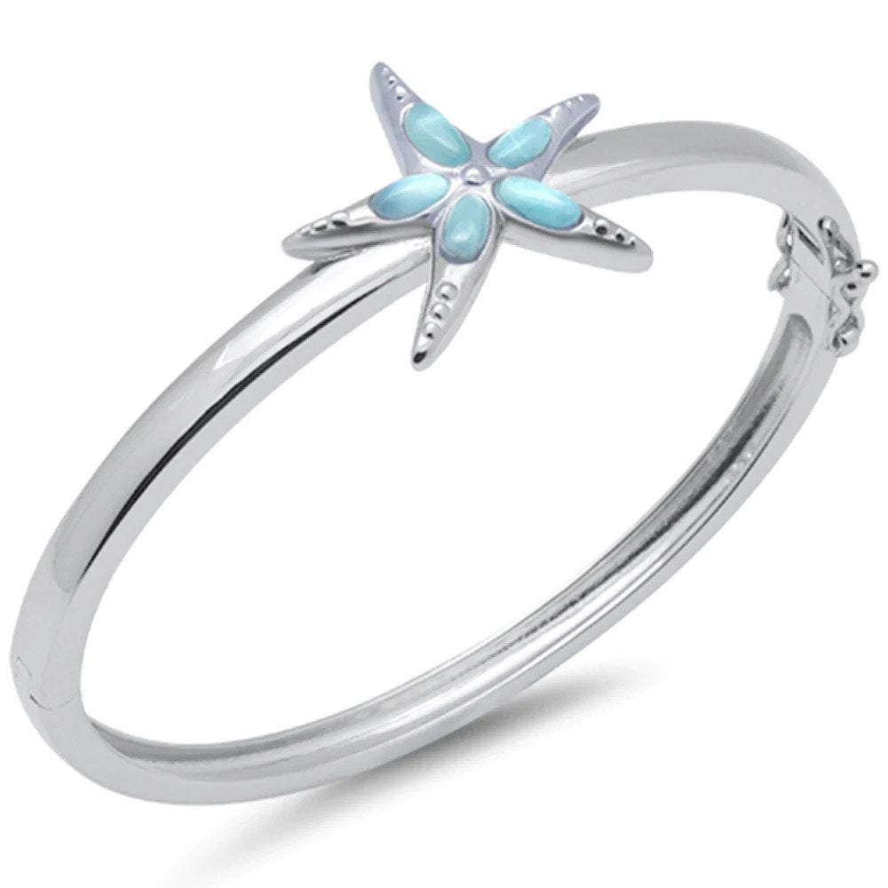 Sterling Silver Star Fish Natural Larimar Bangle Bracelet