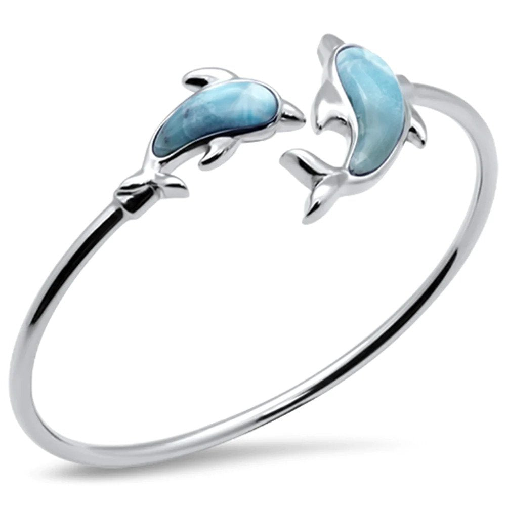 Sterling Silver Dolphins Natural Larimar Cuff Bracelet