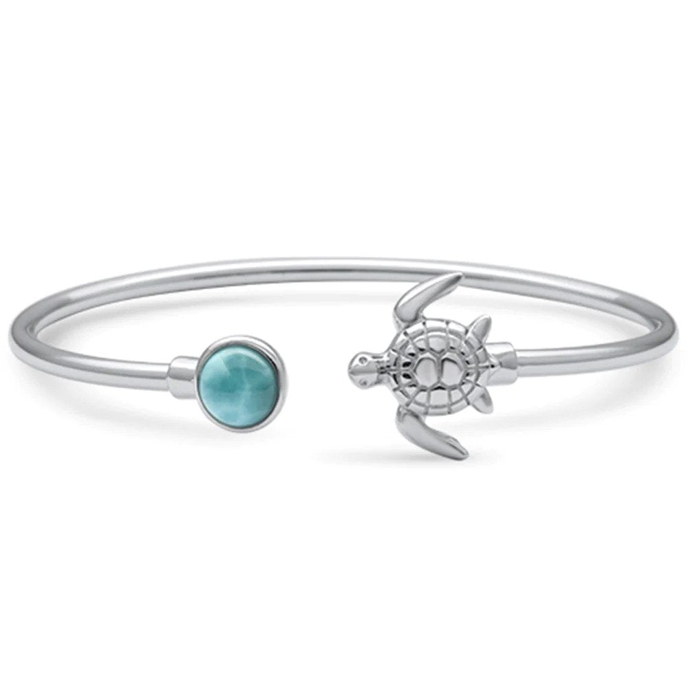 Sterling Silver Round Shaped Natural Larimar Turtle Bangle Bracelet