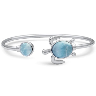 Sterling Silver Round And Oval Shaped Natural Larimar Turtle Bangle Bracelet