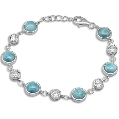 Sterling Silver Round Natural Larimar And CZ Bracelet
