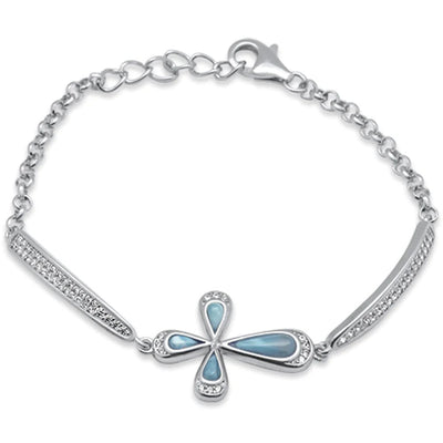 Sterling Silver Natural Larimar Sideways Cross Bracelet