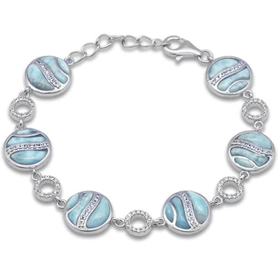 Sterling Silver Natural Larimar And CZ Bracelet