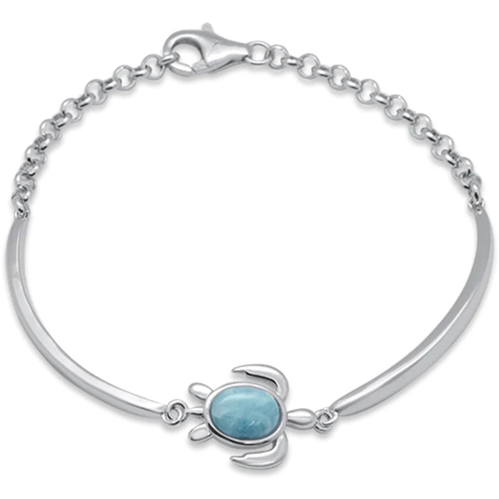 Sterling Silver Oval Shaped Natural Larimar Turtle Bracelet