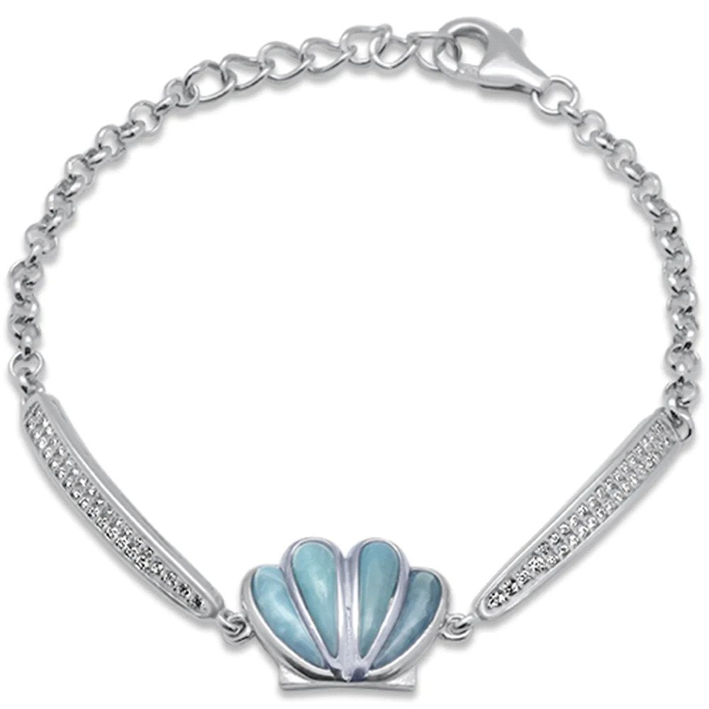 Sterling Silver Oyster Shell Natural Larimar And CZ Bracelet