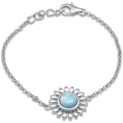 Sterling Silver Round Natural Larimar Sunflower Bracelet