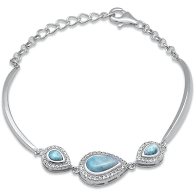 Sterling Silver Teardrop Natural Larimar And CZ Bracelet