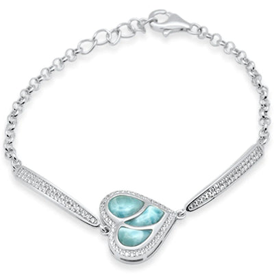 Sterling Silver Heart Shaped Natural Larimar And CZ Bracelet