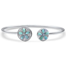Load image into Gallery viewer, Sterling Silver Plumeria Sand Coin Natural Larimar And CZ Cuff Bracelet