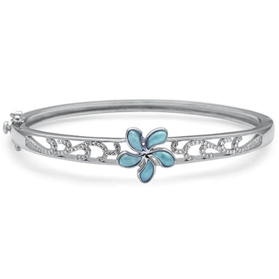 Sterling Silver Natural Larimar And CZ Flower Bracelet