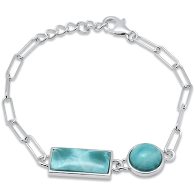 Sterling Silver Round and Rectangle Shape Natural Larimar Adjustable Bracelet