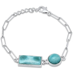 Sterling Silver Round and Rectangle Shape Natural Larimar Adjustable Bracelet