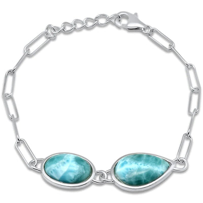 Sterling Silver Pear and Oval Shape Natural Larimar Adjustable Bracelet