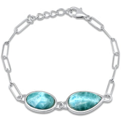 Sterling Silver Pear and Oval Shape Natural Larimar Adjustable Bracelet
