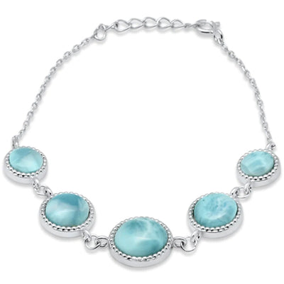 Sterling Silver Round Natural Larimar Adjustable Bracelet