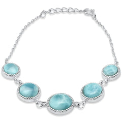 Sterling Silver Round Natural Larimar Adjustable Bracelet