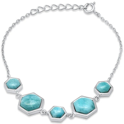 Sterling Silver Hexagon Shape Natural Larimar Pattern Adjustable Bracelet