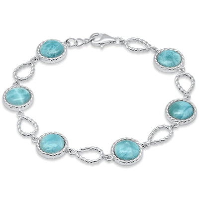 Sterling Silver Round Natural Larimar Twisted Adjustable Bracelet