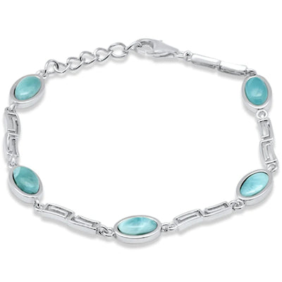 Sterling Silver Oval Shape Natural Larimar Greek Design Adjustable Bracelet