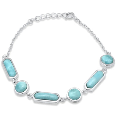 Sterling Silver Natural Larimar Round and Oval Pattern Adjustable Bracelet