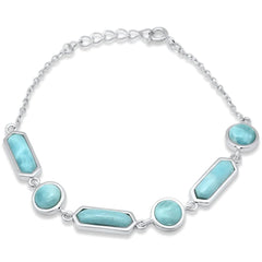 Sterling Silver Natural Larimar Round and Oval Pattern Adjustable Bracelet